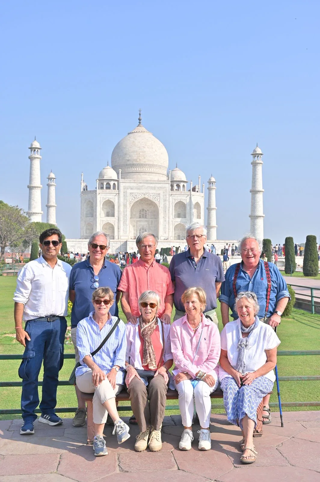 A Jai India Voyage group posing together in front of the Taj Mahal